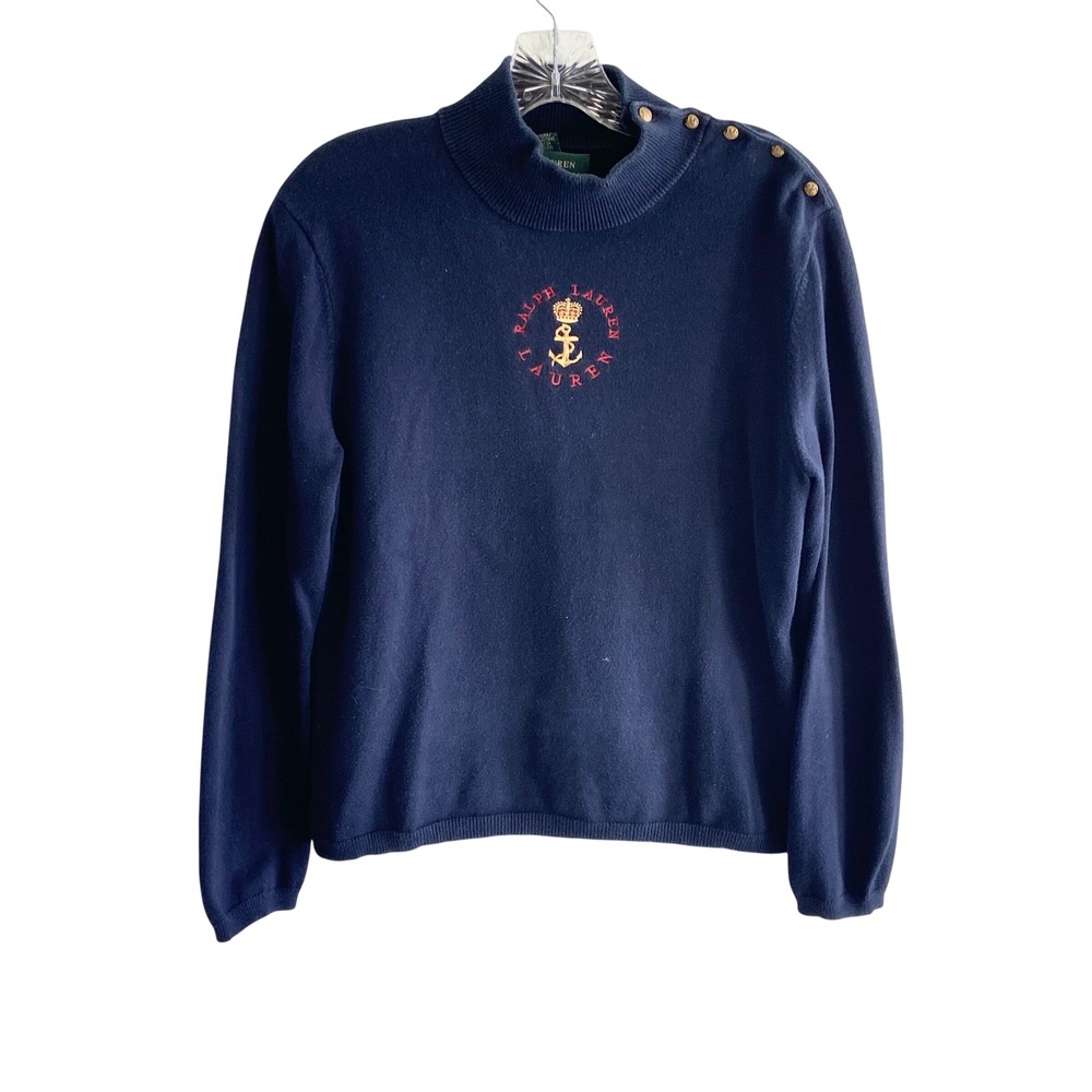 Lauren Ralph Lauren Navy Blue Nautical Anchor Crest Button Shoulder Sweater L